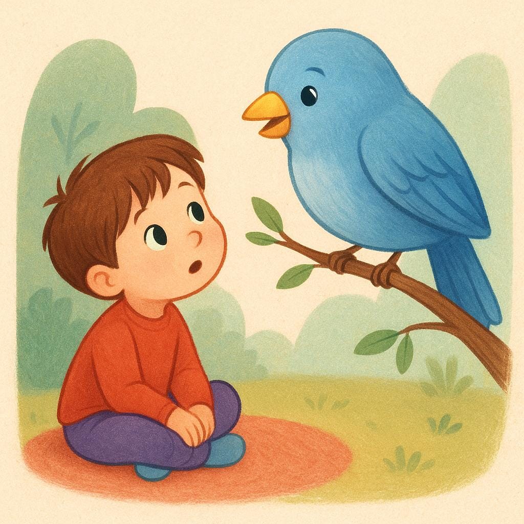 A storybook illustration of a child sitting attentively, focused intently on a bird singing nearby.