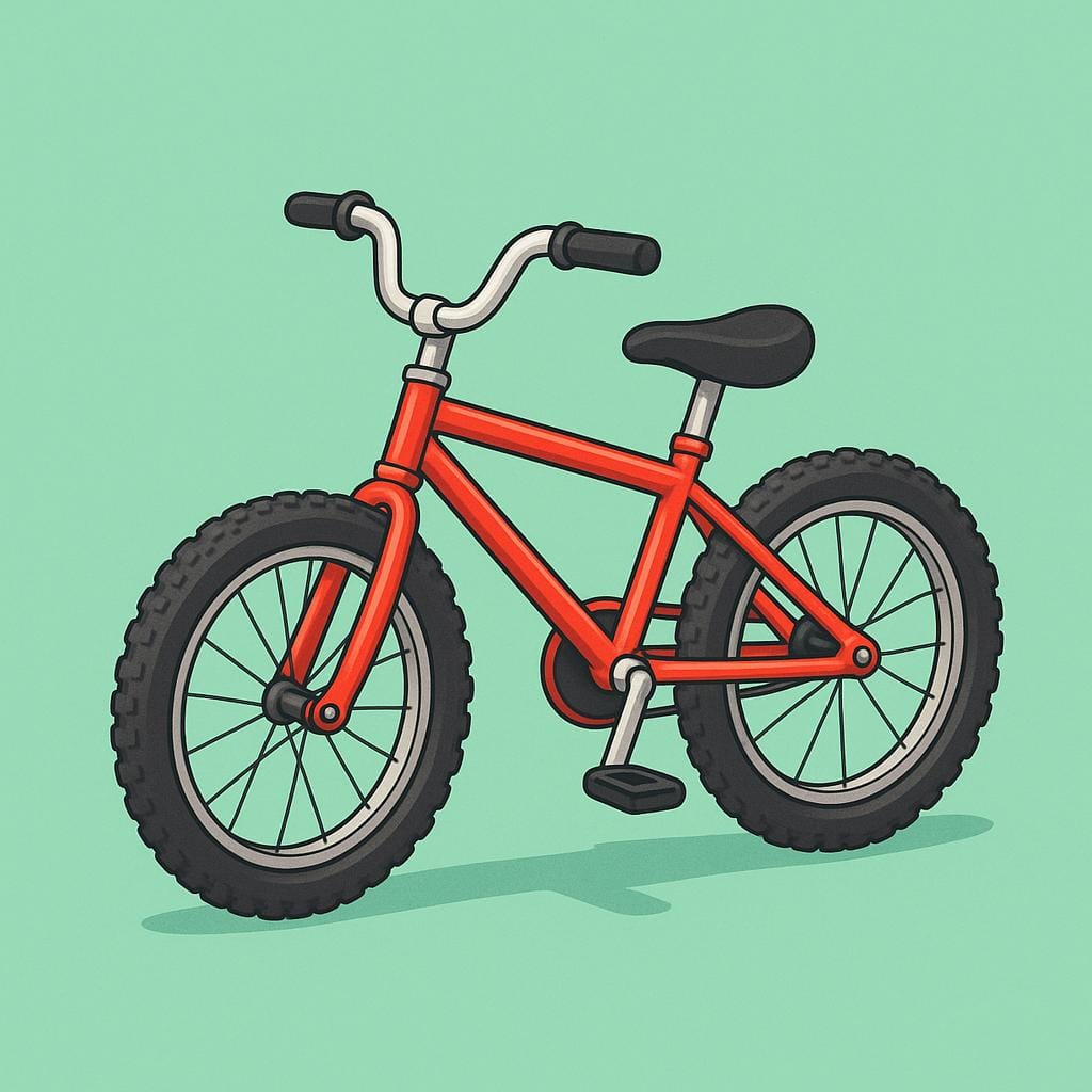 A simple illustration of a bright red bicycle with wide tires, parked upright.