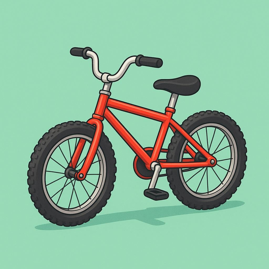 A simple illustration of a bright red bicycle with wide tires, parked upright.