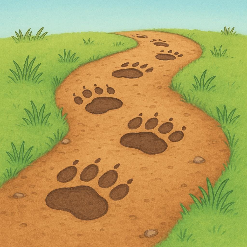 A close-up view of clear, distinct large animal footprints leading across a soft, muddy forest floor.