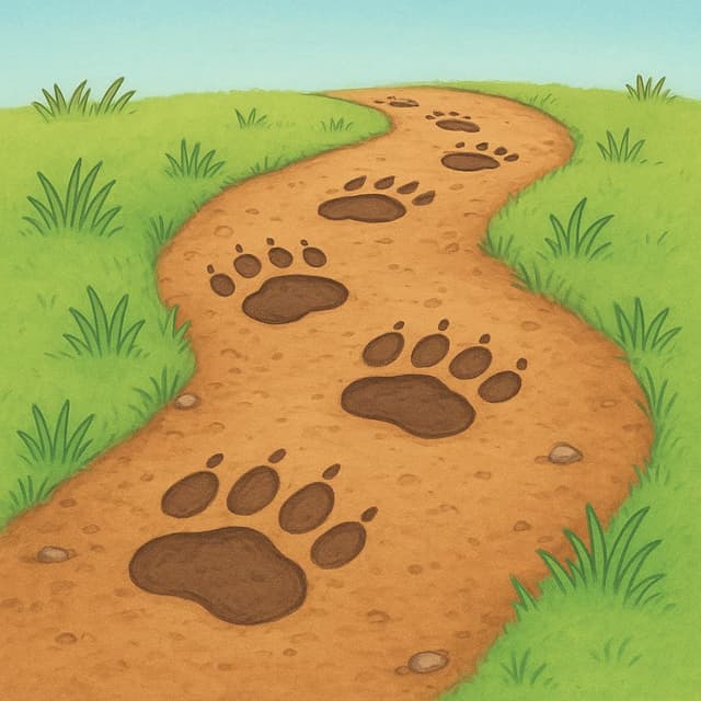 Une vue rapprochée de grandes empreintes d'animaux claires et distinctes menant à travers un sol forestier doux et boueux.