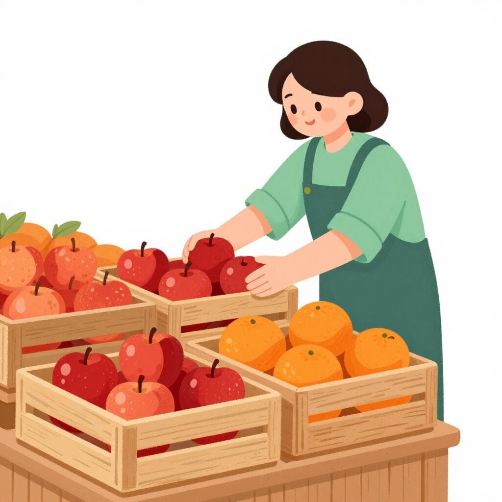 Un vendeur amical installant un étal de fruits coloré avec des caisses de pommes et d'oranges soigneusement empilées.