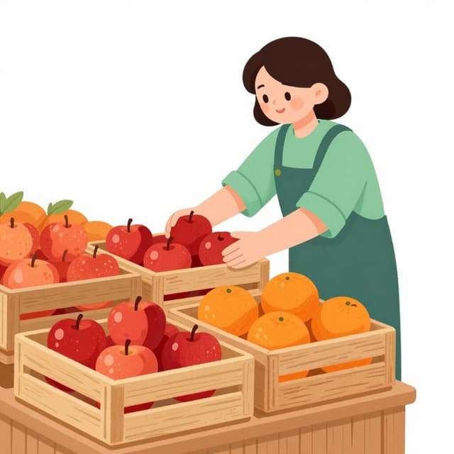 A friendly vendor setting up a colorful fruit stand with neatly stacked crates of apples and oranges.