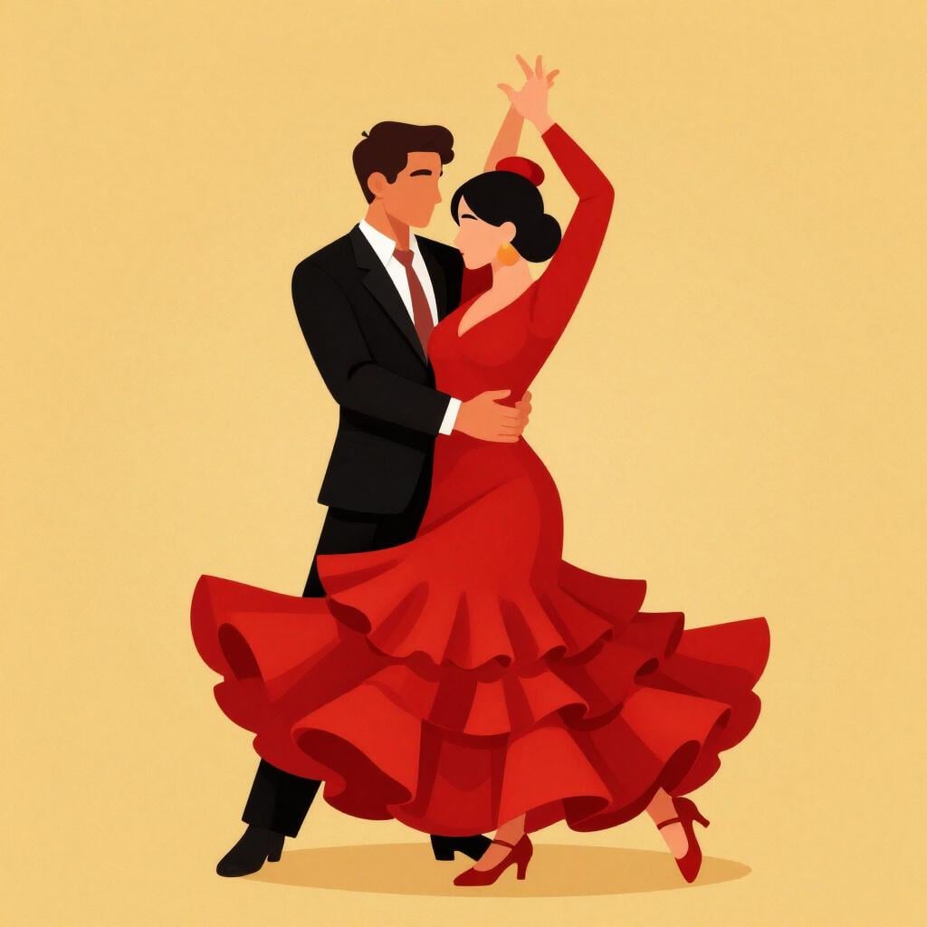 A flamenco dancer in a vibrant red dress dancing with intense emotion and swirling fabric.