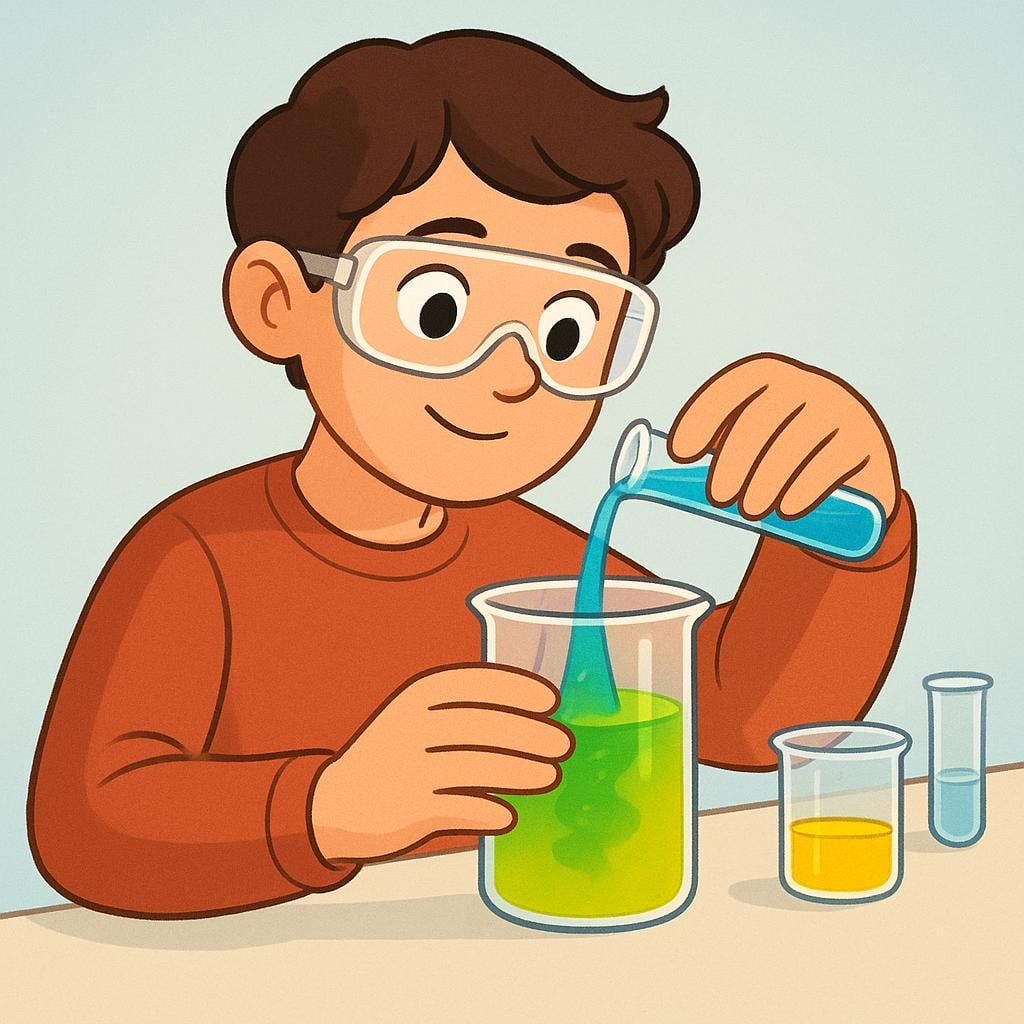 A curious person wearing safety goggles carefully pouring a bright blue liquid from a test tube into a beaker containing yellow liquid, causing a vibrant green color change, symbolizing a scientific experiment.