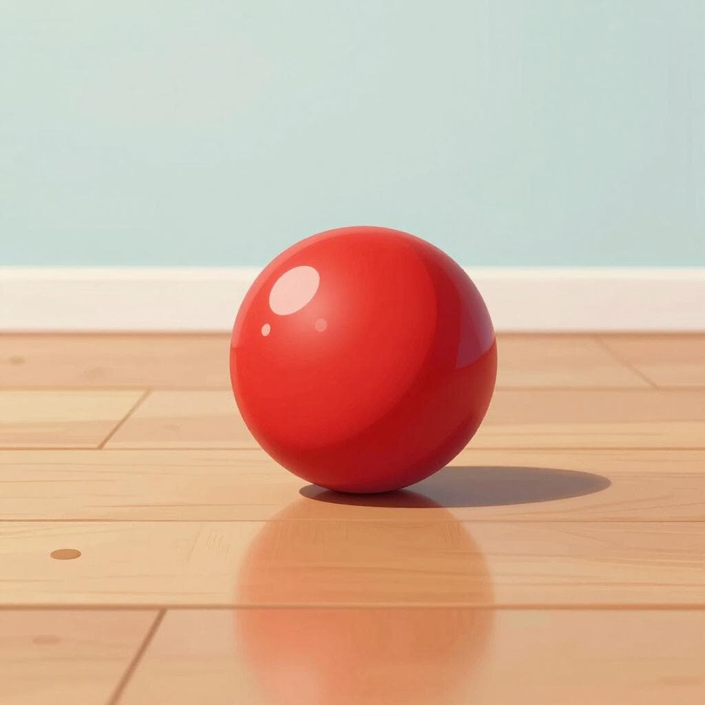 A bright red ball rolling across a flat wooden surface, leaving a faint trail behind it.