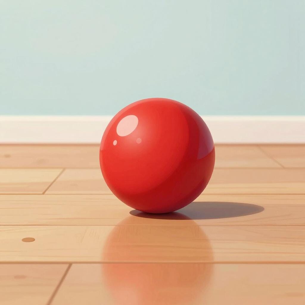 A bright red ball rolling across a flat wooden surface, leaving a faint trail behind it.