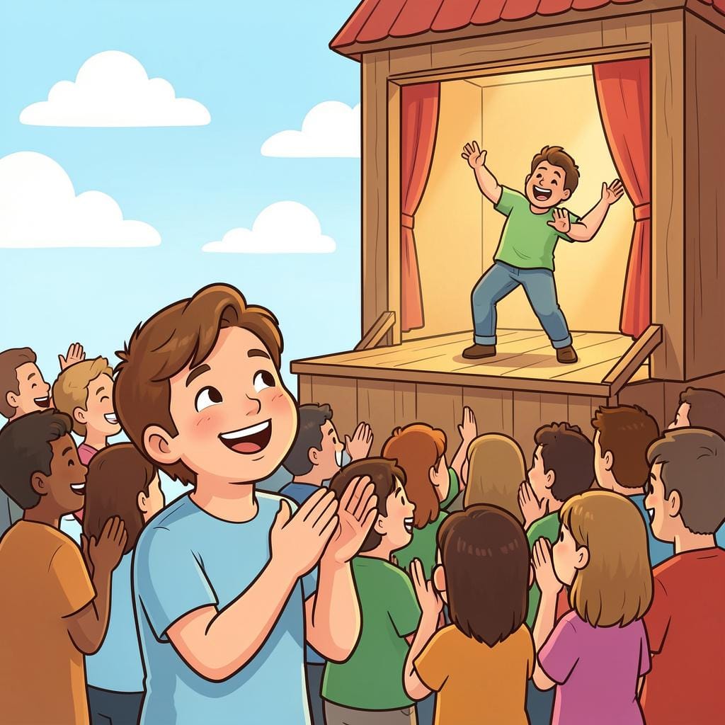 Eine Person in einer Menge lächelt und klatscht, während sie zu einem Darsteller auf einer Bühne aufblickt.