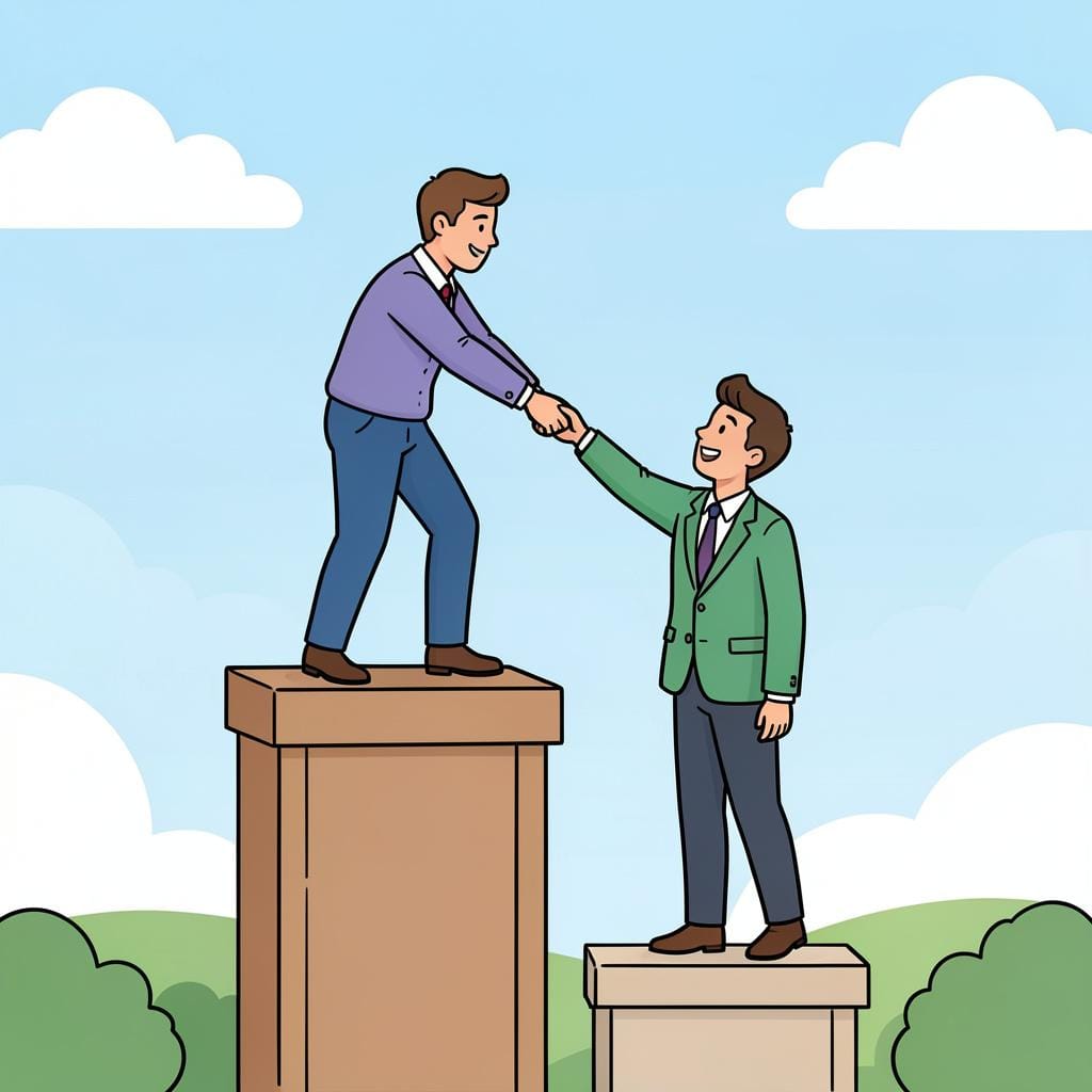 A person standing on a tall platform reaching down to help another person up to their level.