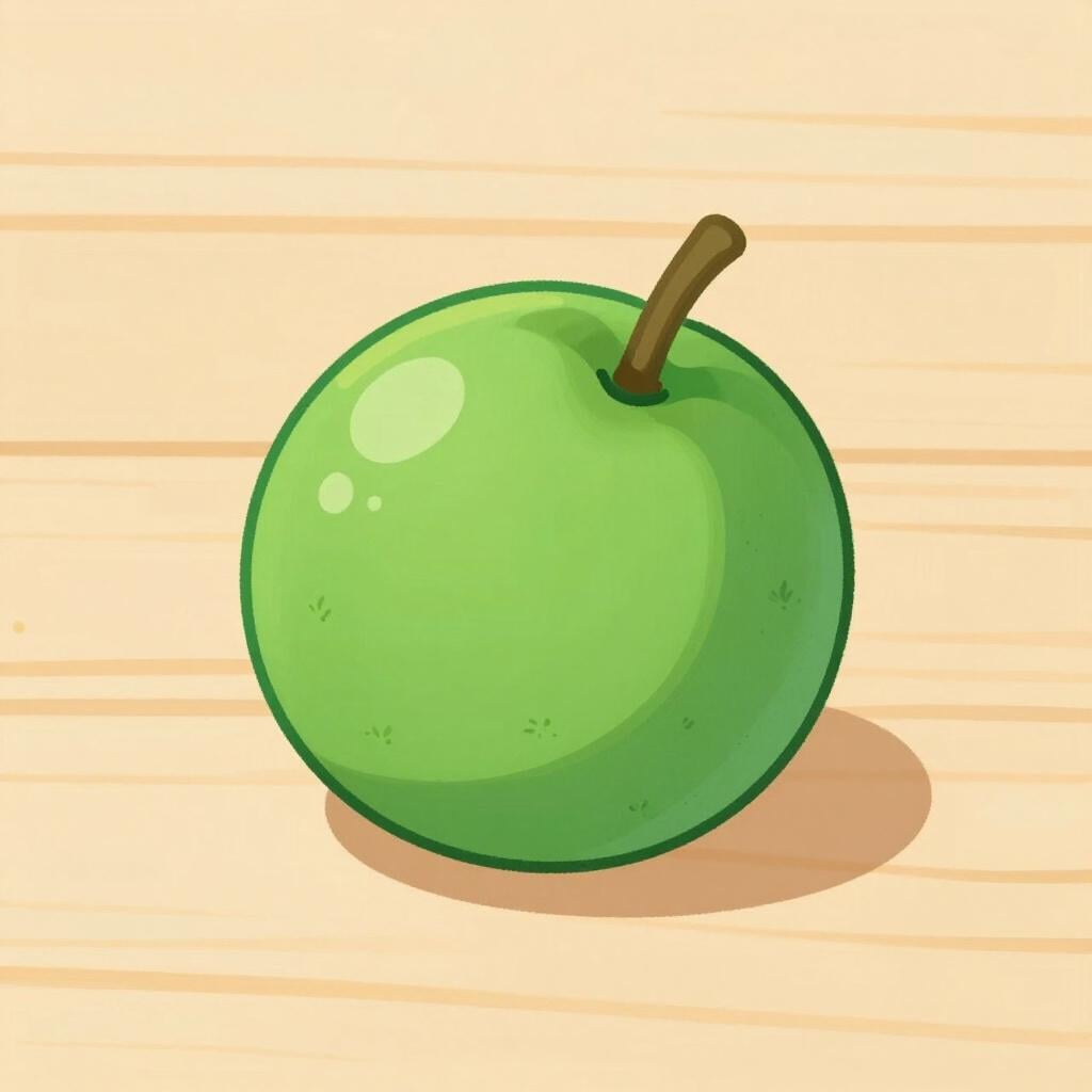 Um pequeno fruto tropical de cas, redondo e de cor verde vibrante, sobre uma mesa de madeira.