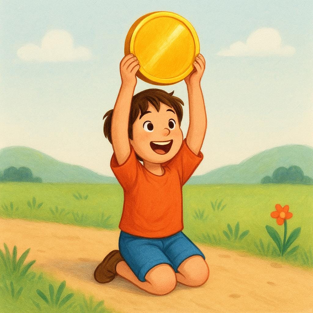 Uma criança pequena ajoelhada no chão, segurando uma grande e brilhante moeda ou gema dourada com uma expressão de surpresa alegre, ilustrando o momento da descoberta.