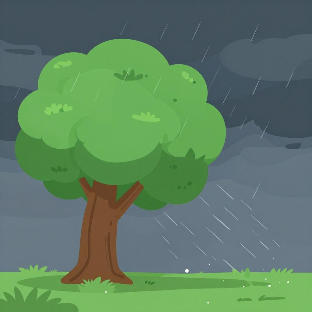 Een zware storm met donkere wolken en een grote boom die omwaait door harde wind.
