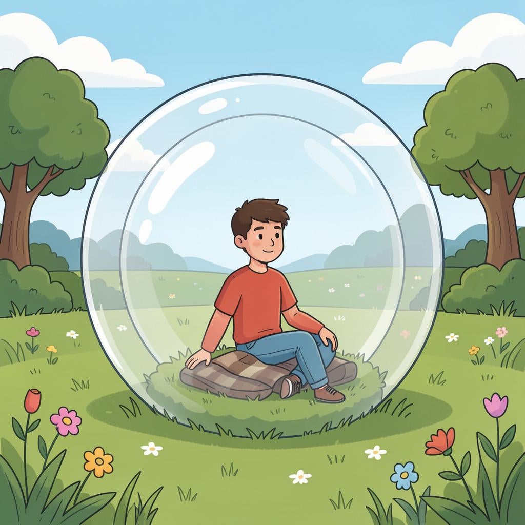 A person sitting peacefully on a small patch of grass inside a large, transparent protective sphere.