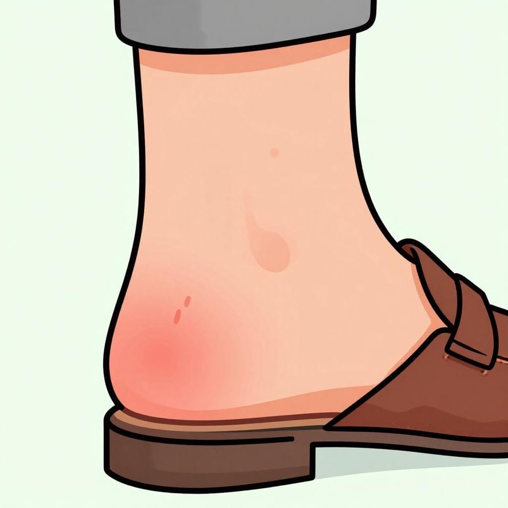 A person's heel with a small red patch of skin where a stiff shoe has rubbed against it.