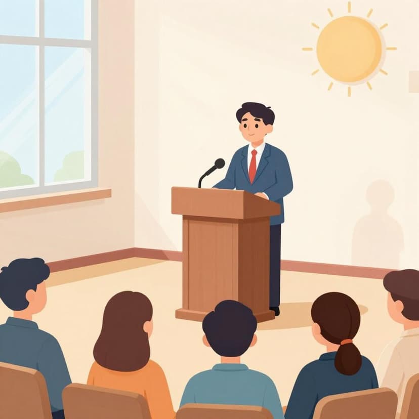 A leader in formal attire standing at a podium before a group of attentive people in a grand hall.