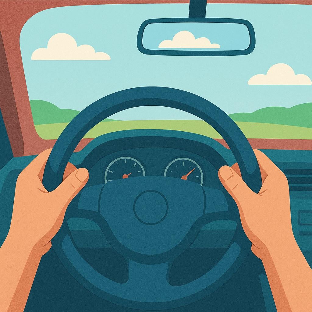 Close-up of two hands gripping a black steering wheel inside a car, clearly focused on the act of operating the vehicle.