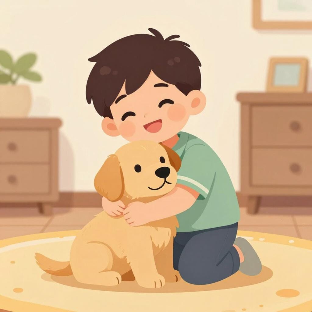 A happy young boy hugging a golden retriever puppy in a cozy living room.