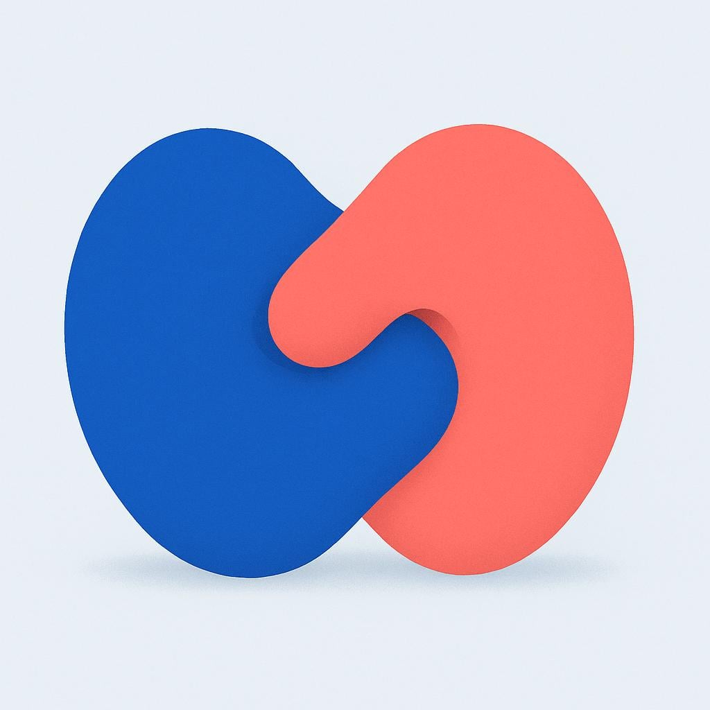 Two smooth, distinctly colored, abstract geometric shapes, one red and one blue, fused tightly together, symbolizing a close physical connection.