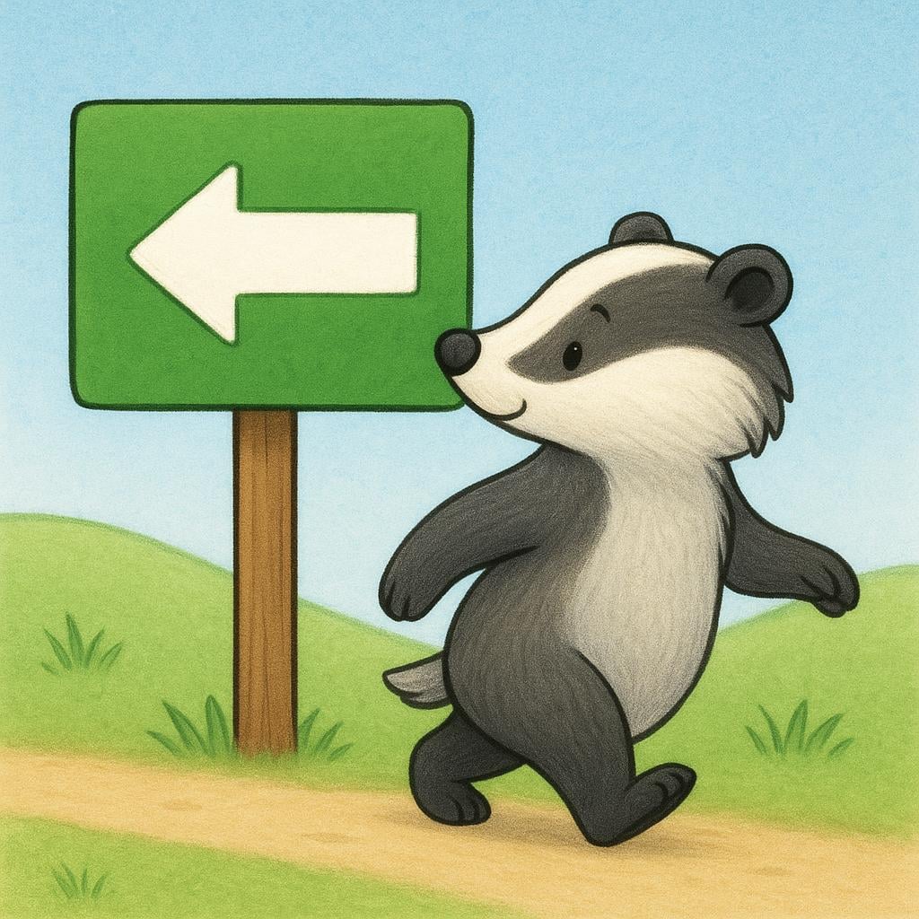 A cartoon badger turning left, strictly following the direction indicated by a large, green signpost with a simple arrow.