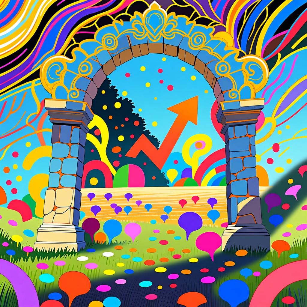 A glowing, ornate archway opening up from a shadowy area towards a vibrant, sunlit meadow filled with flowers.