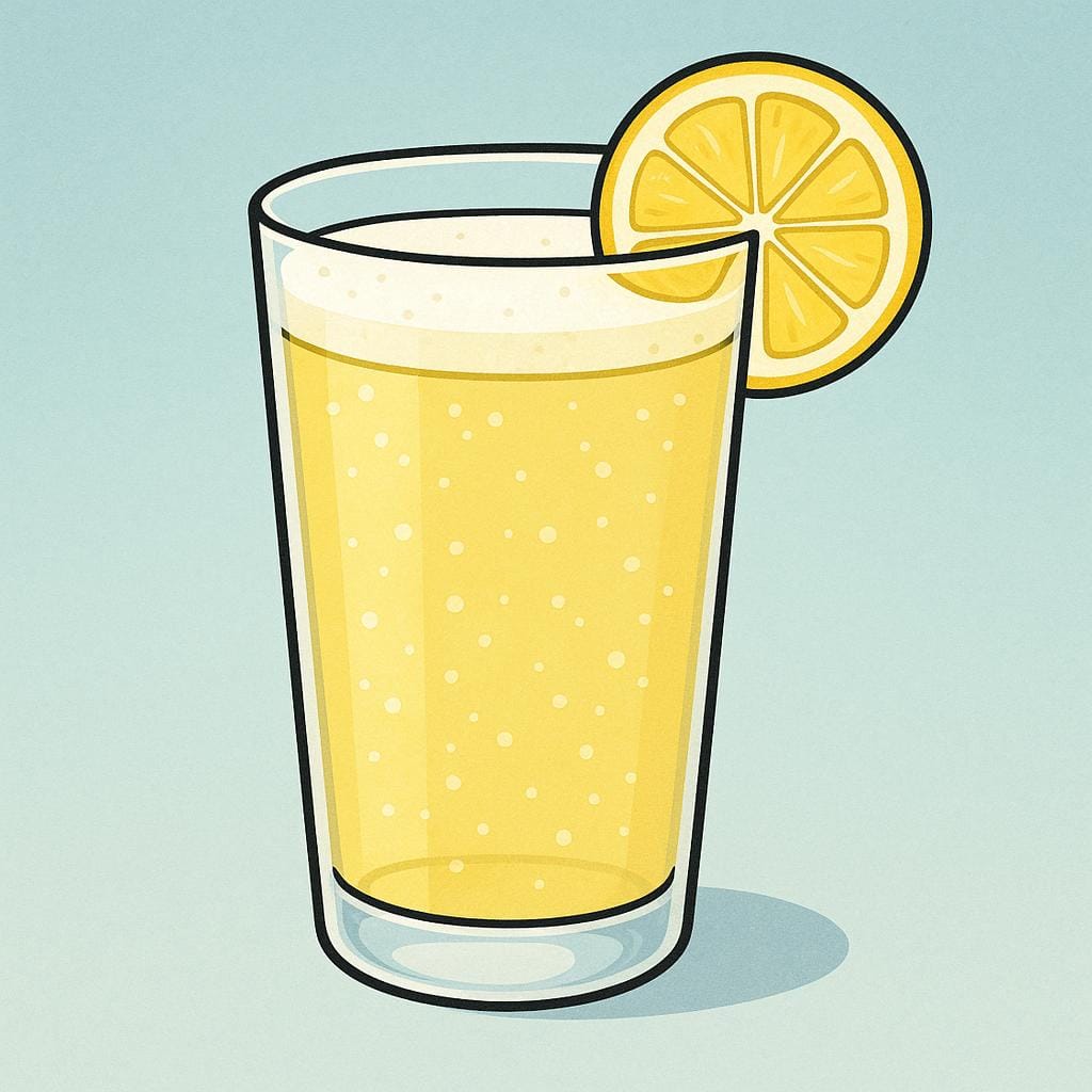 A storybook illustration of a tall glass containing a pale yellow, foamy shandy drink, finished with a slice of lemon on the edge.