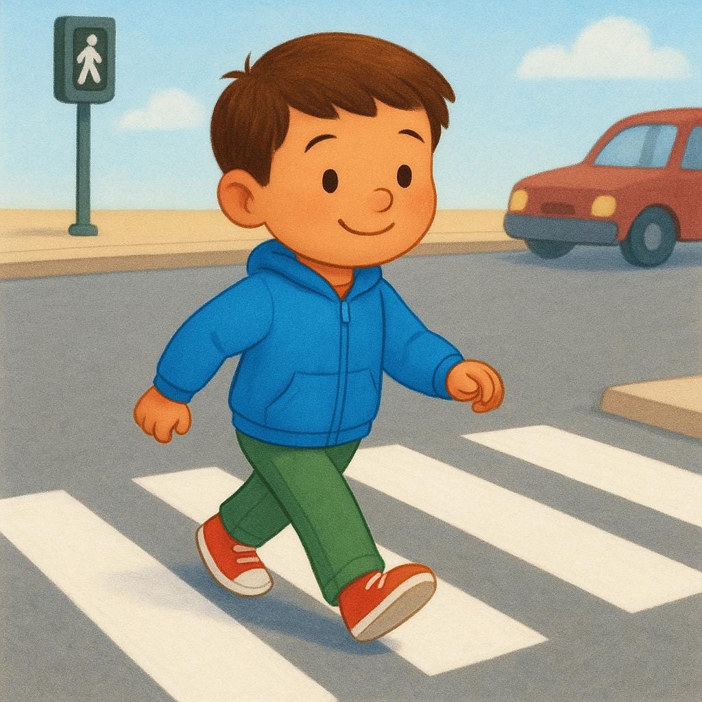 Un'illustrazione in stile libro di fiabe di un ragazzo che cammina con attenzione entro le linee bianche di un attraversamento pedonale, dimostrando obbedienza alle regole.