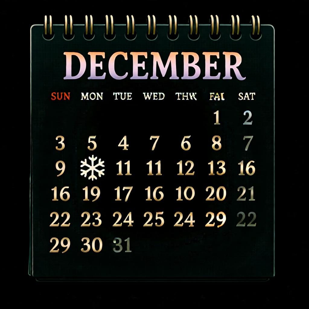 A calendar page for December, showing how 'en' is used for time.