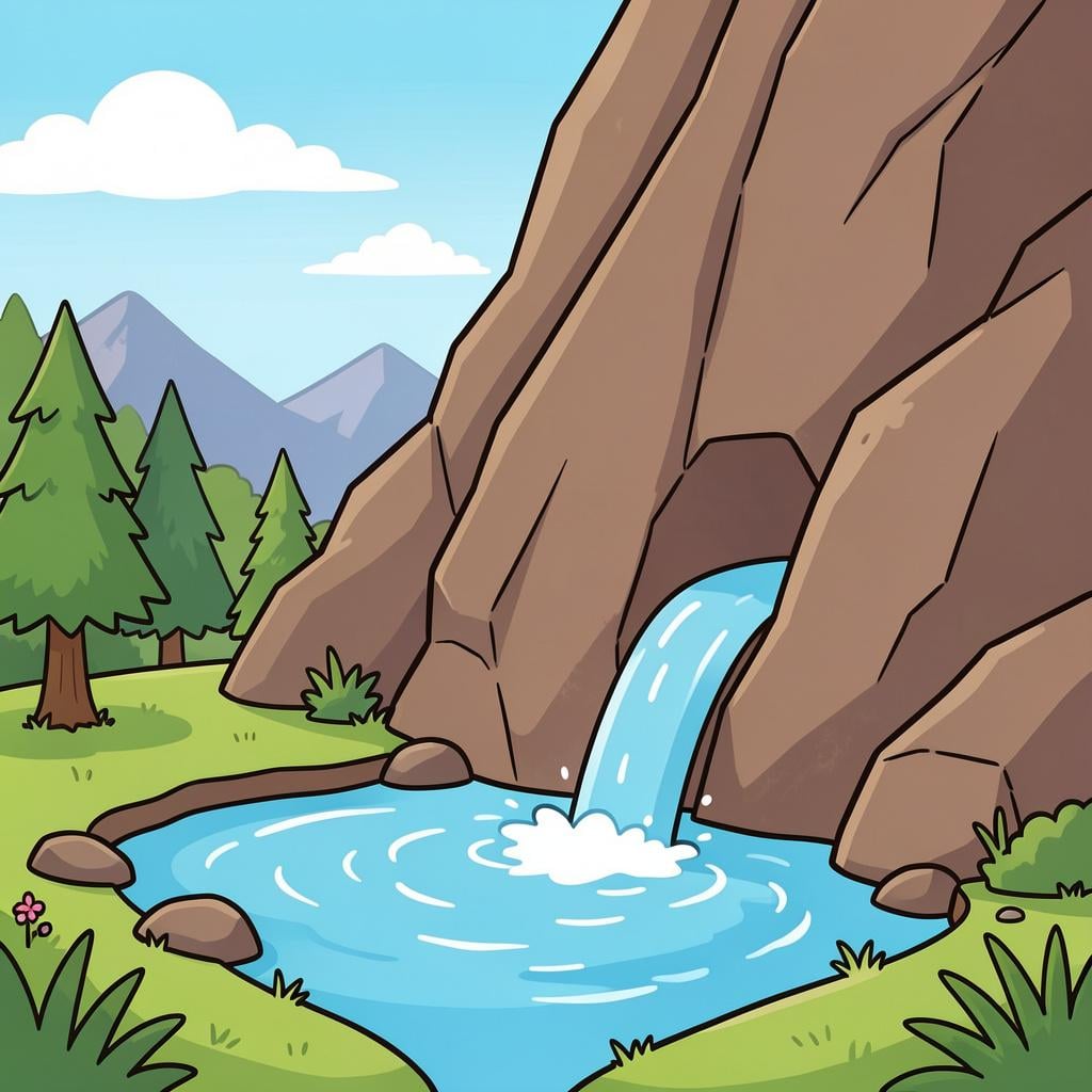 A clear blue stream of water flowing out from between two large grey rocks.