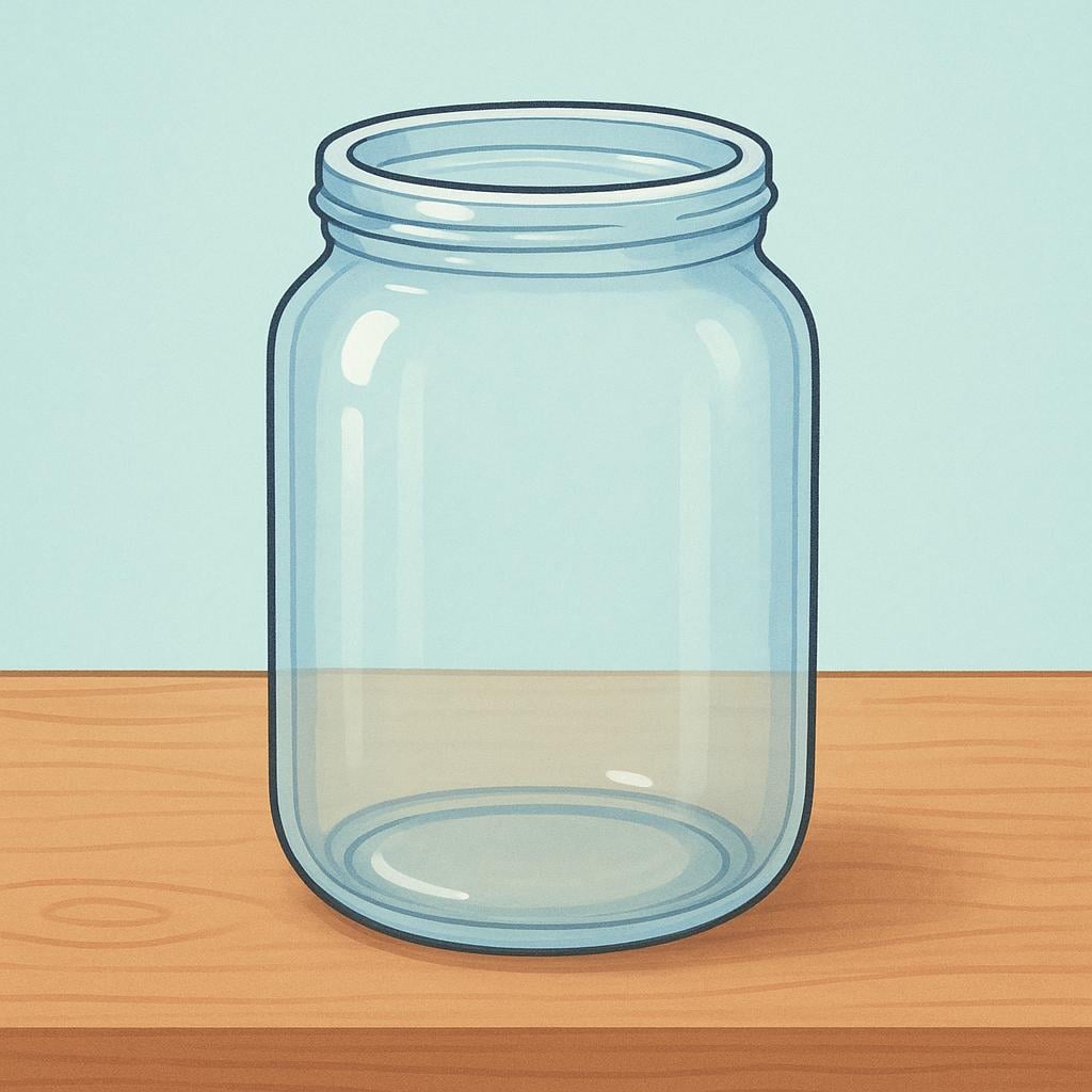 An empty, clear glass jar sitting on a wooden table, symbolizing the quantity zero.