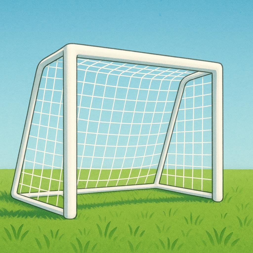 A white mesh soccer goal net stretched over a frame on a green field.