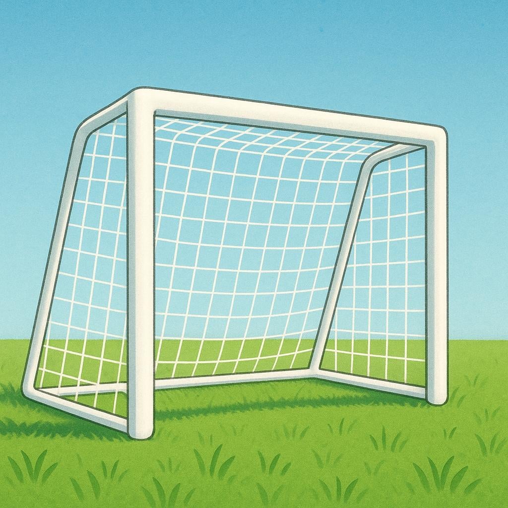 A white mesh soccer goal net stretched over a frame on a green field.