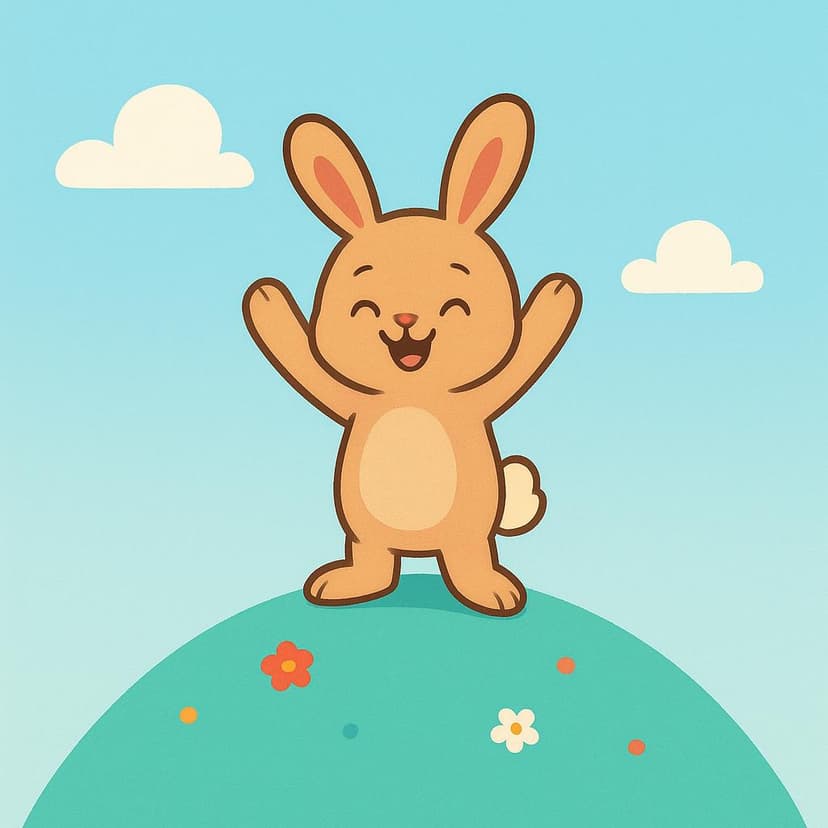 A small, cheerful cartoon rabbit stands triumphantly on top of a brightly colored, simple hill, raising its arms in victory, symbolizing future success and capability.