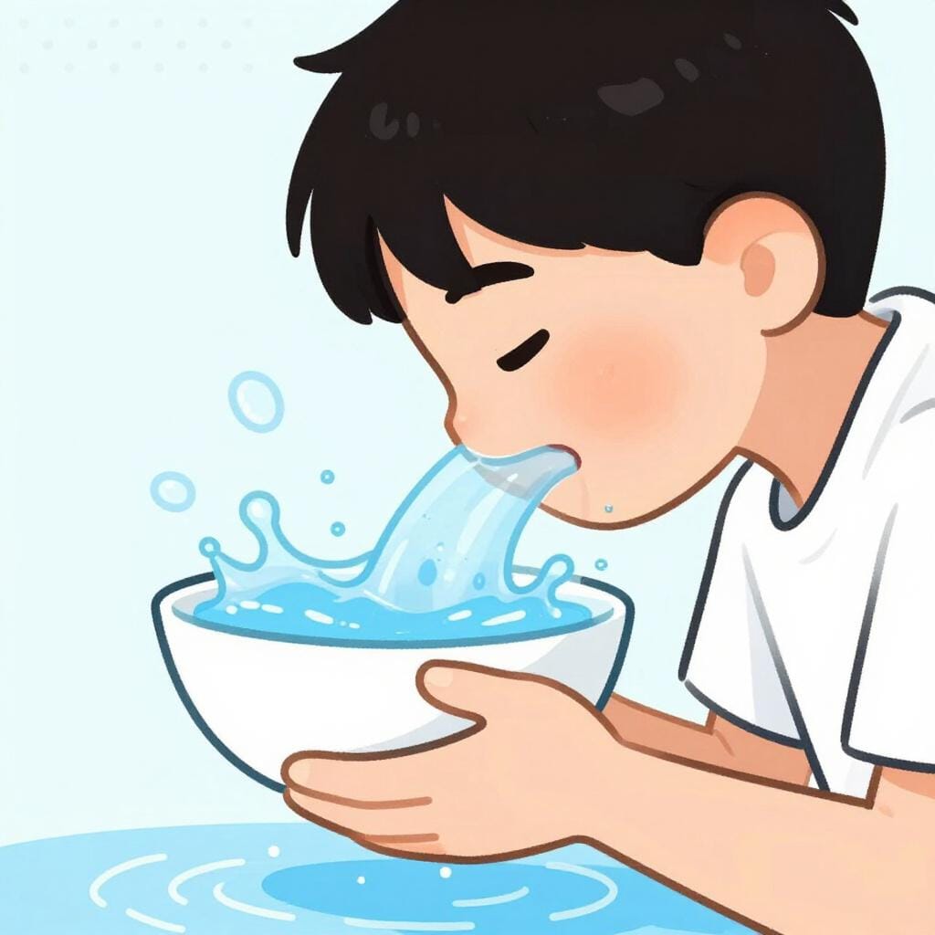 A person splashing cool water on their face from a ceramic bowl.