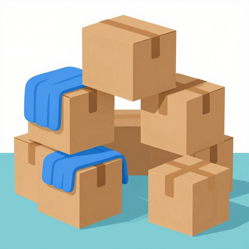 A child's play fort built out of cardboard boxes and colorful blankets in a living room.