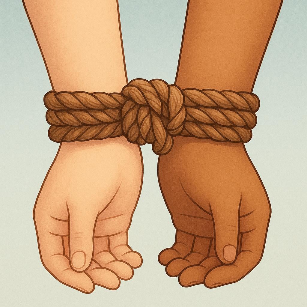 A close-up view showing a pair of wrists tightly bound together with a thick brown rope.
