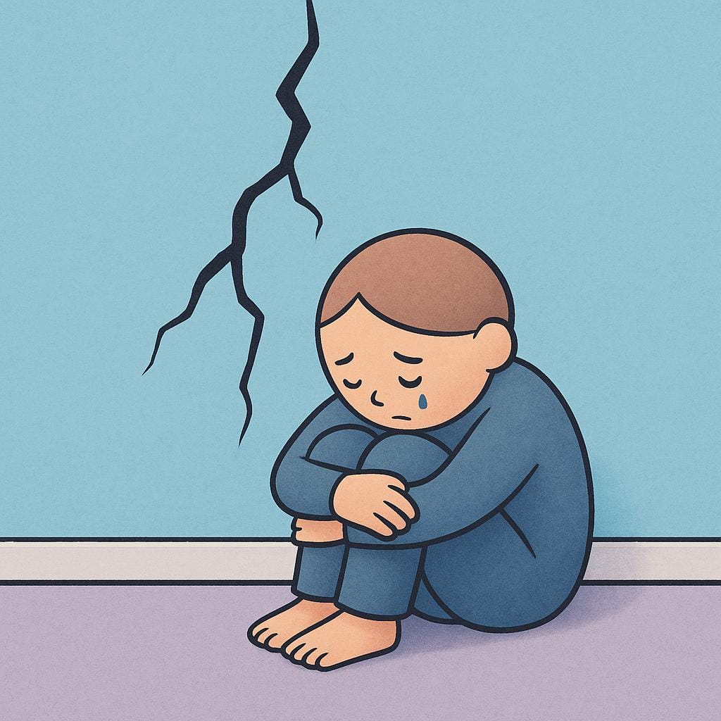 A high quality storybook illustration of a small, sad figure sitting alone on the floor, hugging their knees. A large, jagged crack runs down the brightly colored wall behind them, symbolizing trauma or harm.