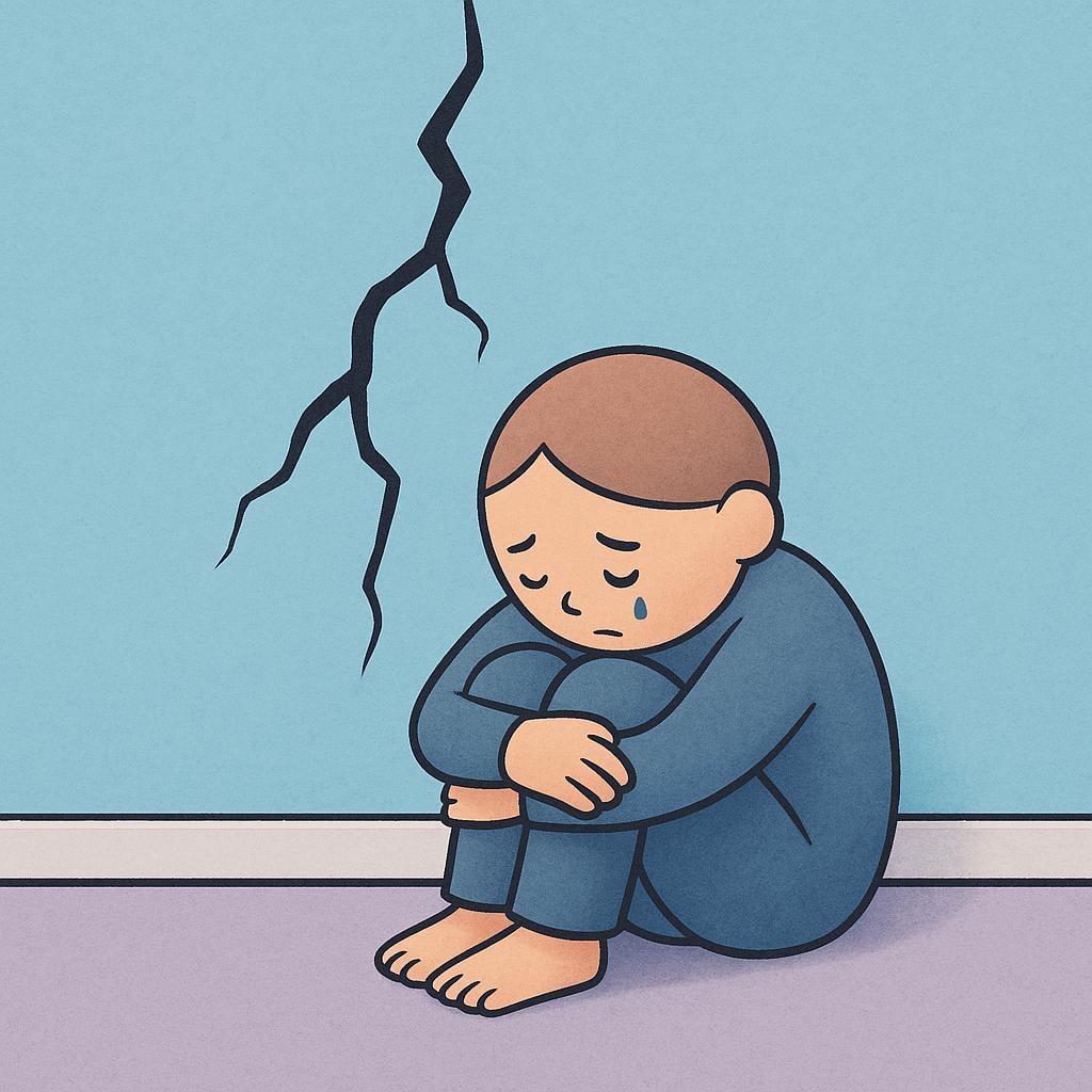 A high quality storybook illustration of a small, sad figure sitting alone on the floor, hugging their knees. A large, jagged crack runs down the brightly colored wall behind them, symbolizing trauma or harm.