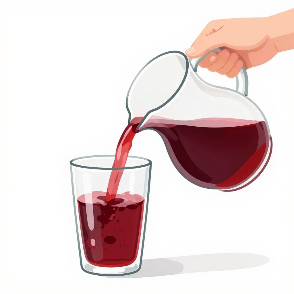 A hand pouring a stream of clear water into a glass of dark red juice to dilute it.