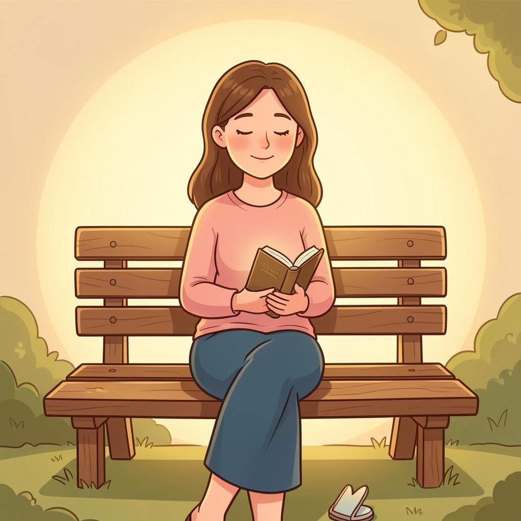 A high-quality storybook illustration of a woman with a kind expression holding a small prayer book.