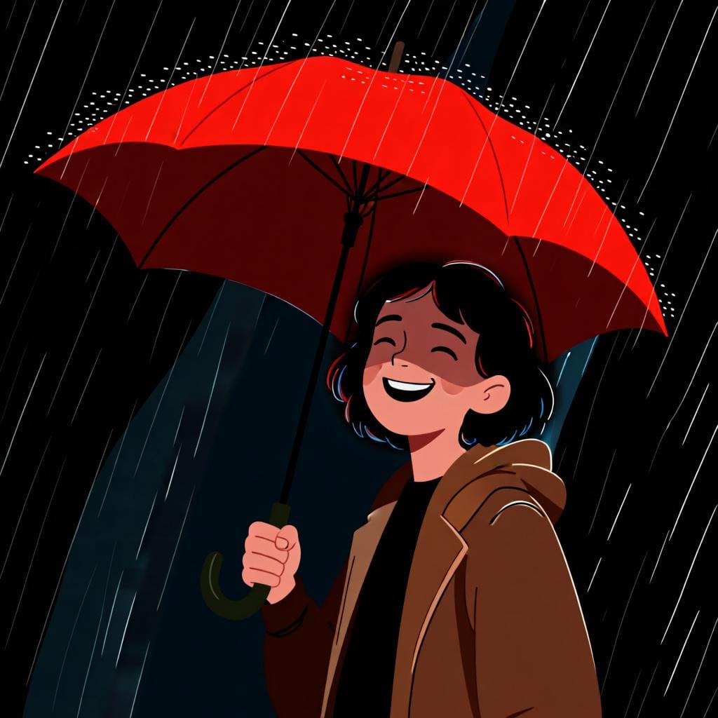 A person holding an umbrella in the rain, illustrating 'por' used to show the reason for something.