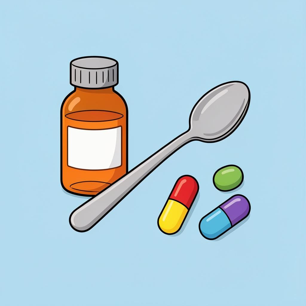 A small orange bottle of medicine sitting next to a spoon and a few colorful capsules on a clean surface.