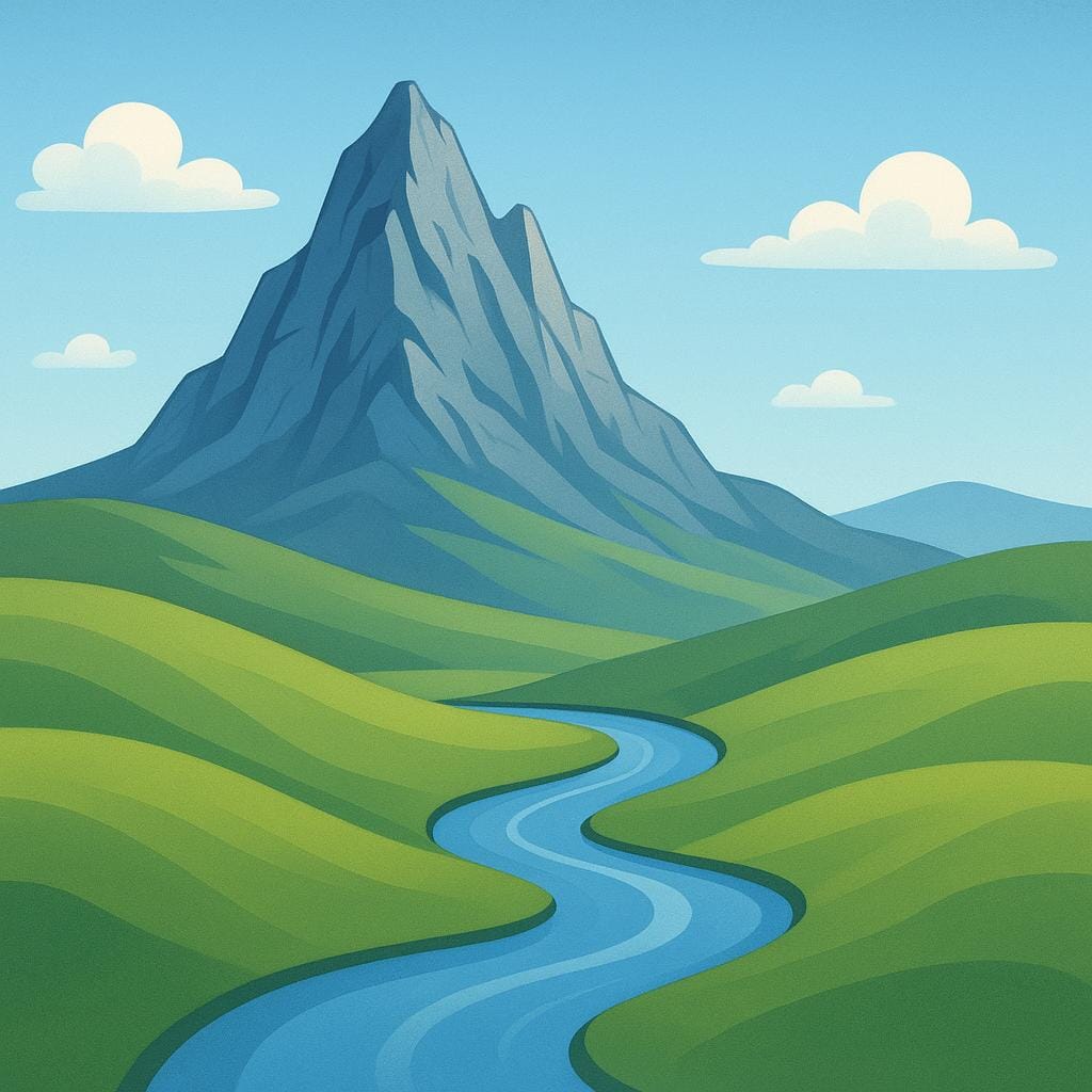 A scenic illustration of a landscape featuring distinct geographical features, including a tall, jagged mountain, a winding river, and rolling hills.