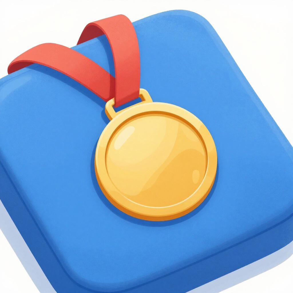 A shiny gold medal with a red ribbon resting on a velvet blue cushion.