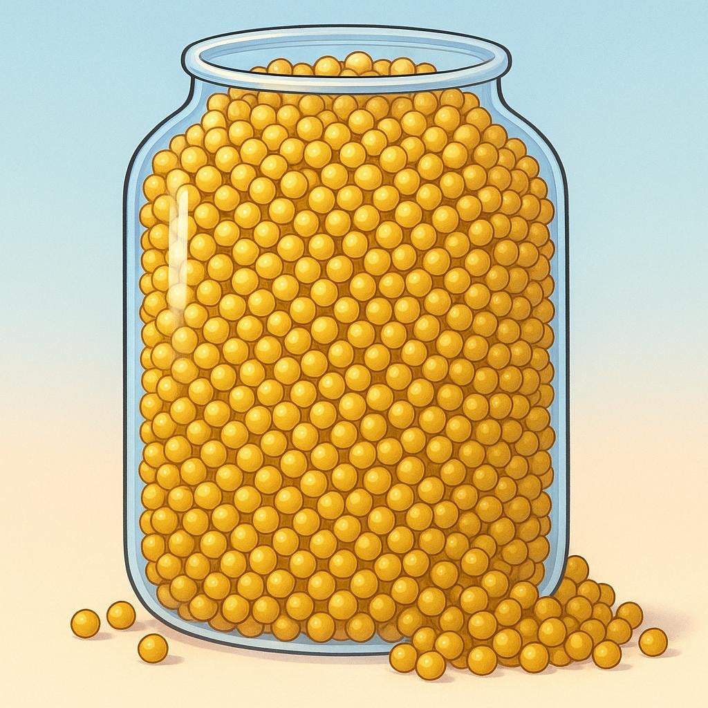 A gigantic transparent jar filled to the brim and overflowing with countless small, identical gold spheres, symbolizing the number one million.