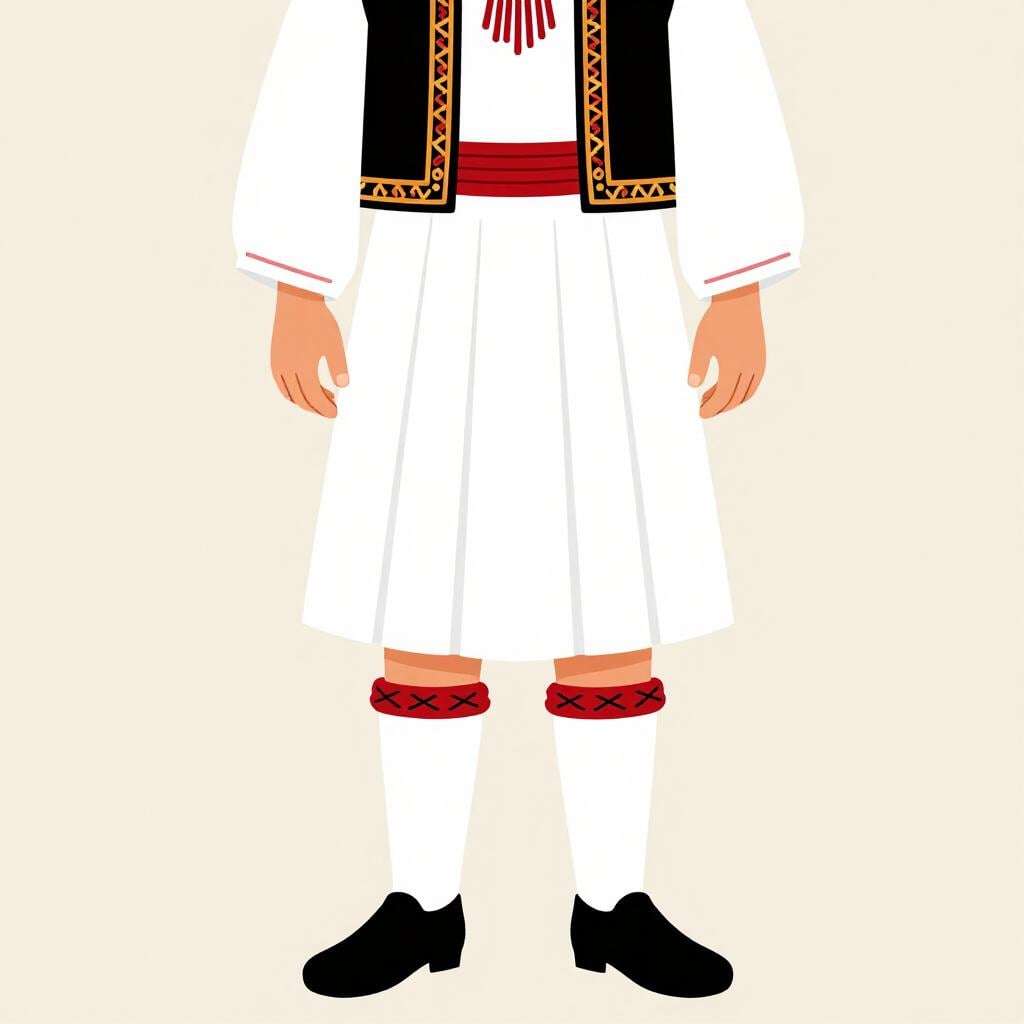 A person wearing a traditional Greek fustanella outfit with a white pleated kilt and a red vest.