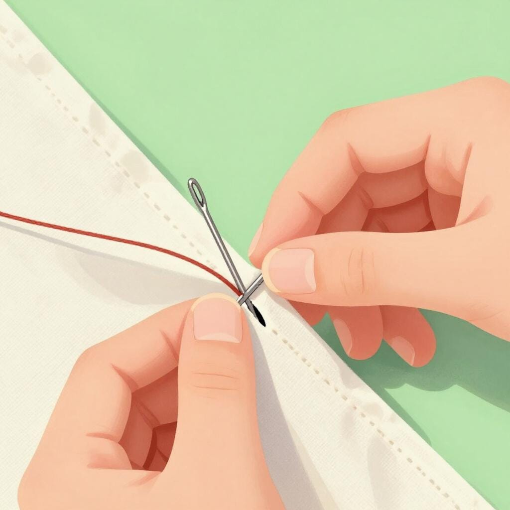 Gros plan d'une main utilisant une aiguille et du fil pour coudre soigneusement le bord d'une petite fente dans un morceau de tissu bleu.