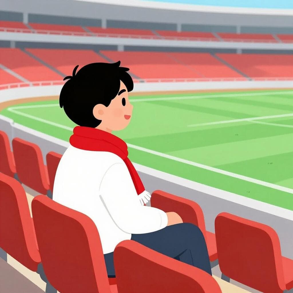 Eine Person, die auf einem Stadionplatz sitzt, jubelt und ein Spiel beobachtet.