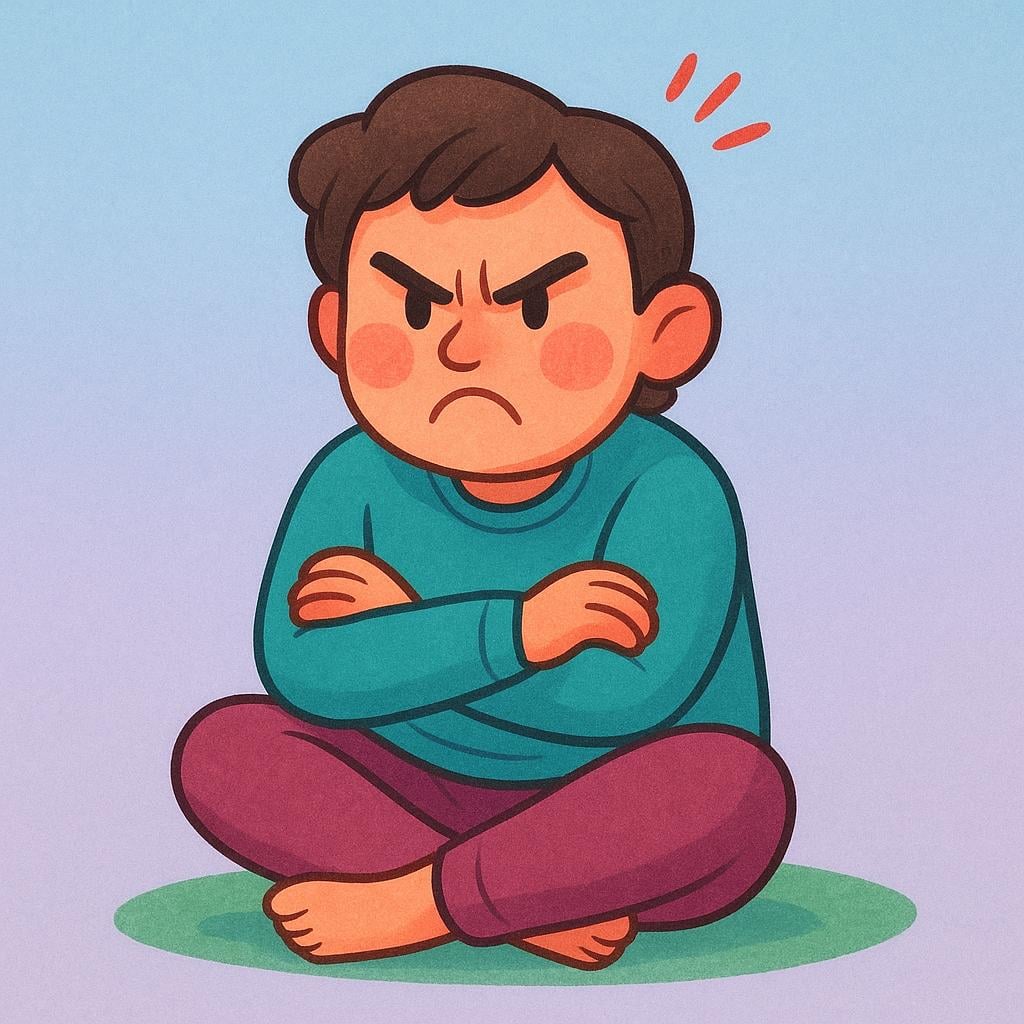 An illustration of an adult person sitting on the ground, arms crossed, pouting and looking frustrated, symbolizing childish or immature behavior.
