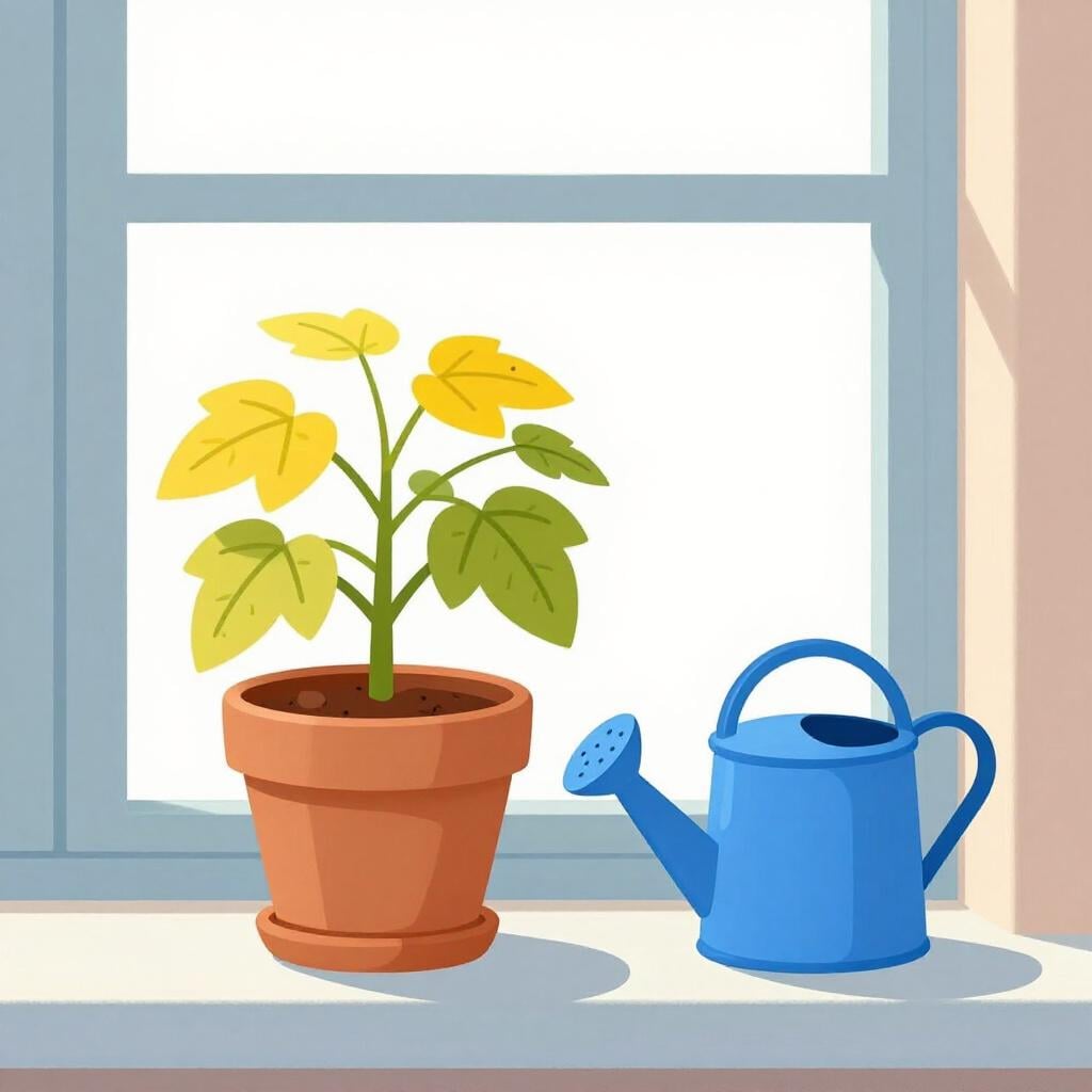 A small potted plant with drooping, yellowed leaves next to a full watering can, representing a long-term condition.