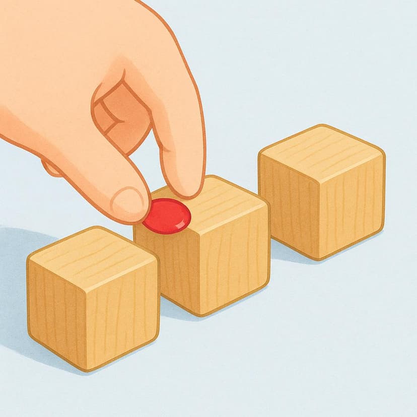 A stylized hand holding a small, red circular sticker, about to place it on the first of three identical wooden blocks arranged in a line, signifying assigning an order.